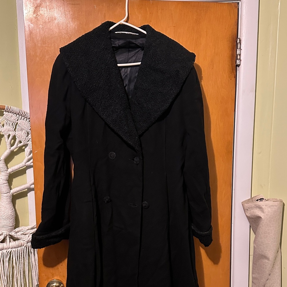 Vintage Laura Ashley Black Trench Coat with Boucle Collar & cuffs 14 Cossack